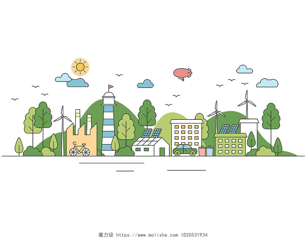 卡通线框文明城市手绘绿色环保都市海报